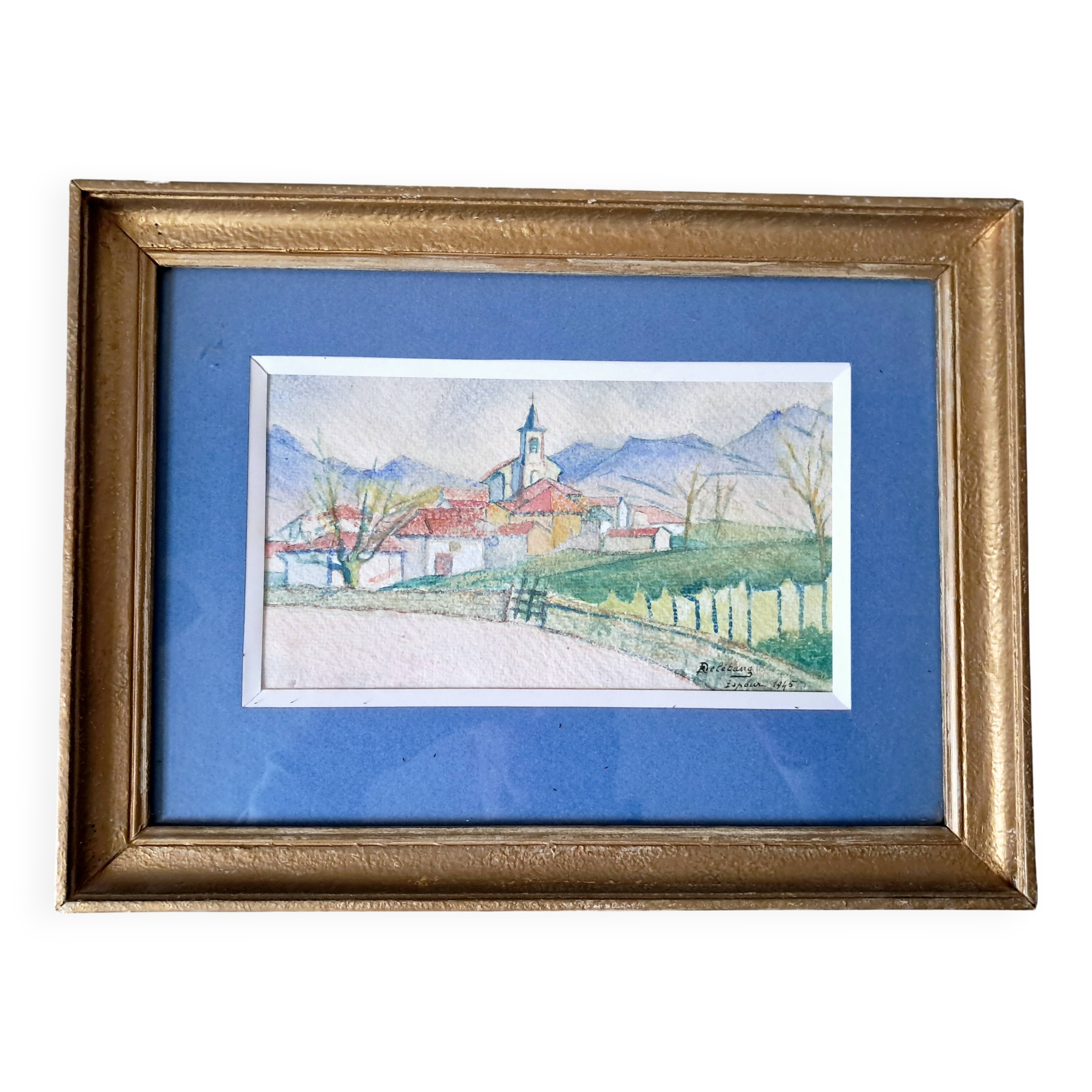 Landscape, pastel. Commune of Ispoure. Robert Delétang. 1945.