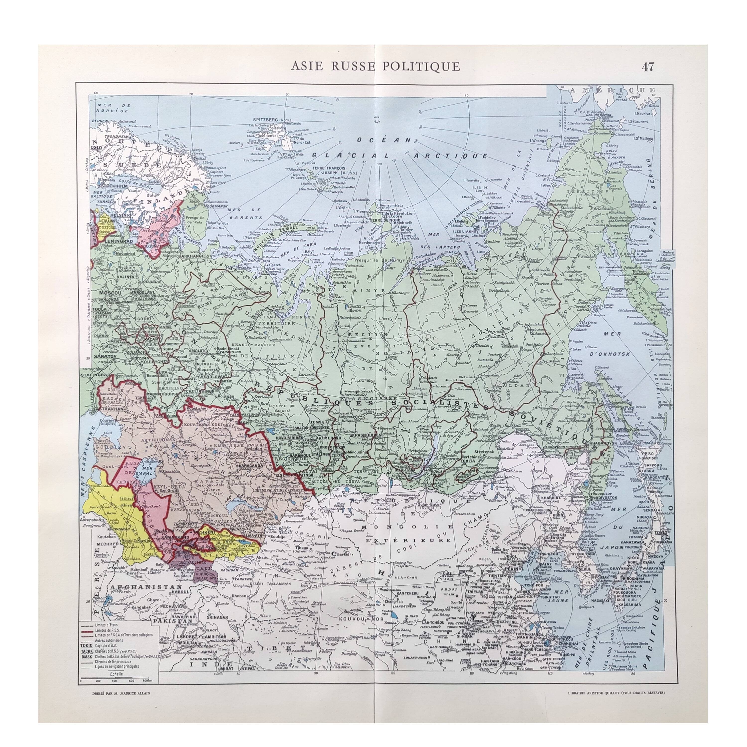 Vintage map Asia USSR Japan 43x43cm from 1950