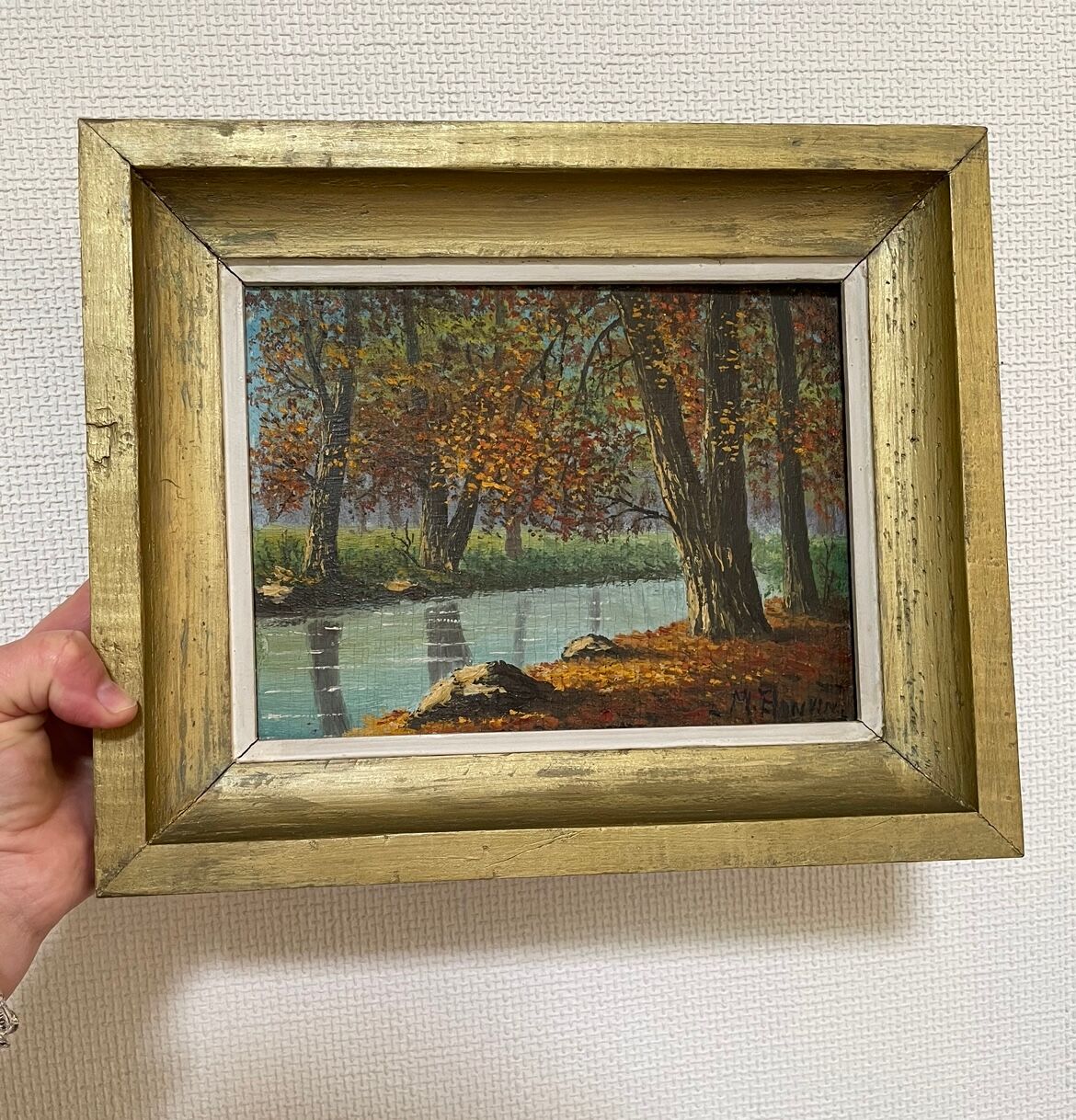 Old painting, river landscape signed M.Bonvin
