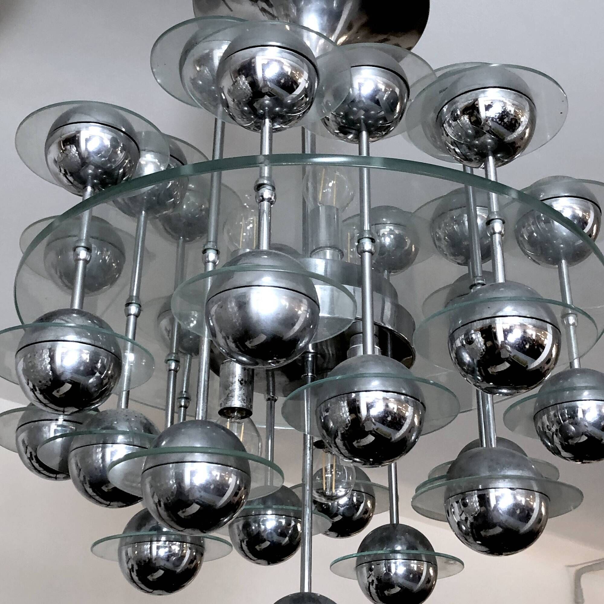 Reggiani, Vintage Italian Space Age Glass and Chrome Chandelier, 1970s