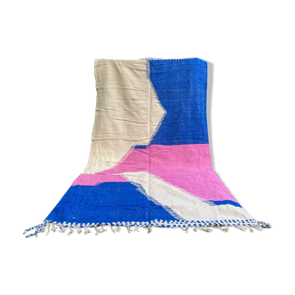 Large Berber carpet kilim Zanafi modern graphic blue Majorelle, Pink and white