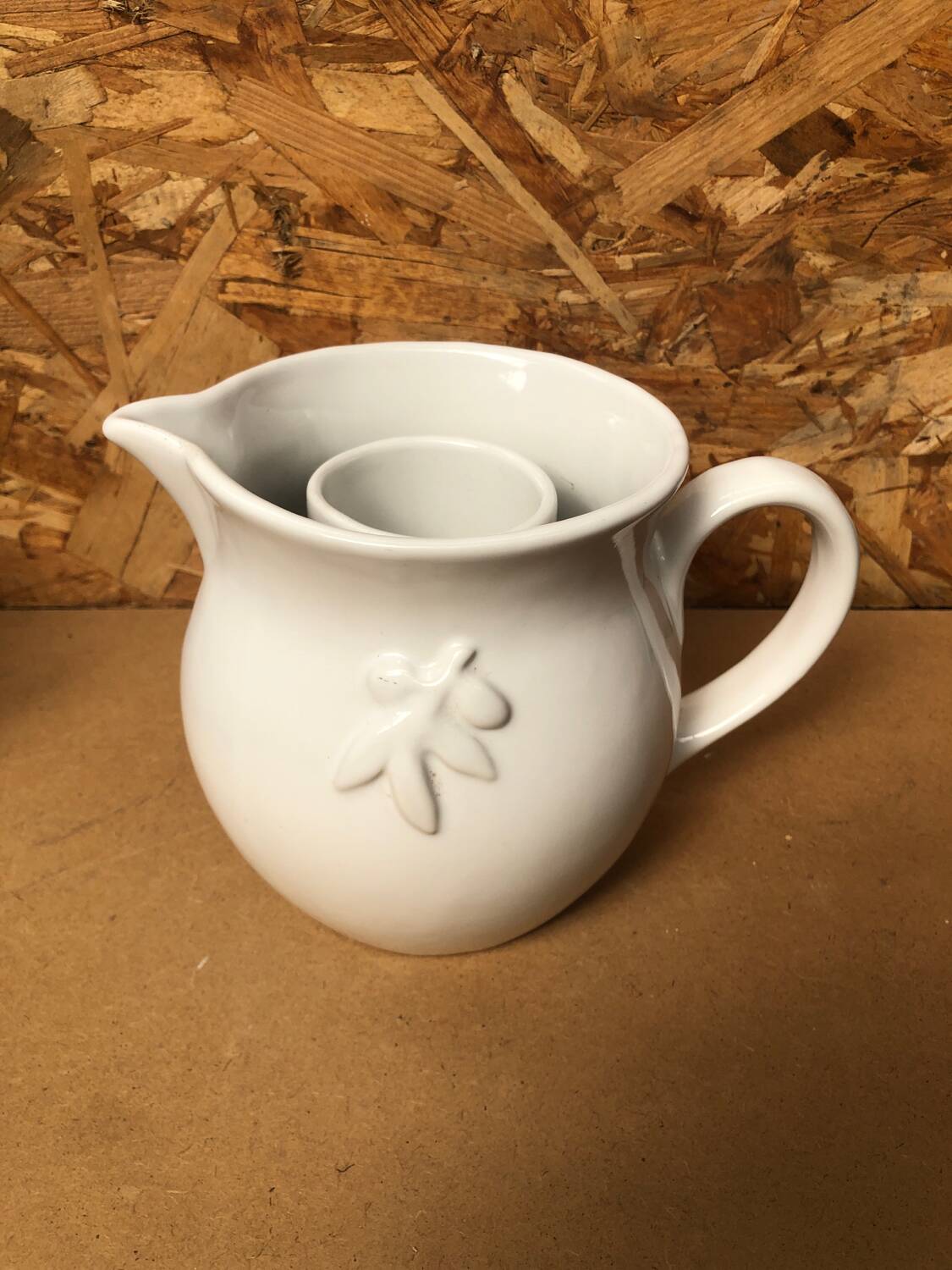 Old Vintage White Enameled Ceramic Carafe Refresher Pitcher