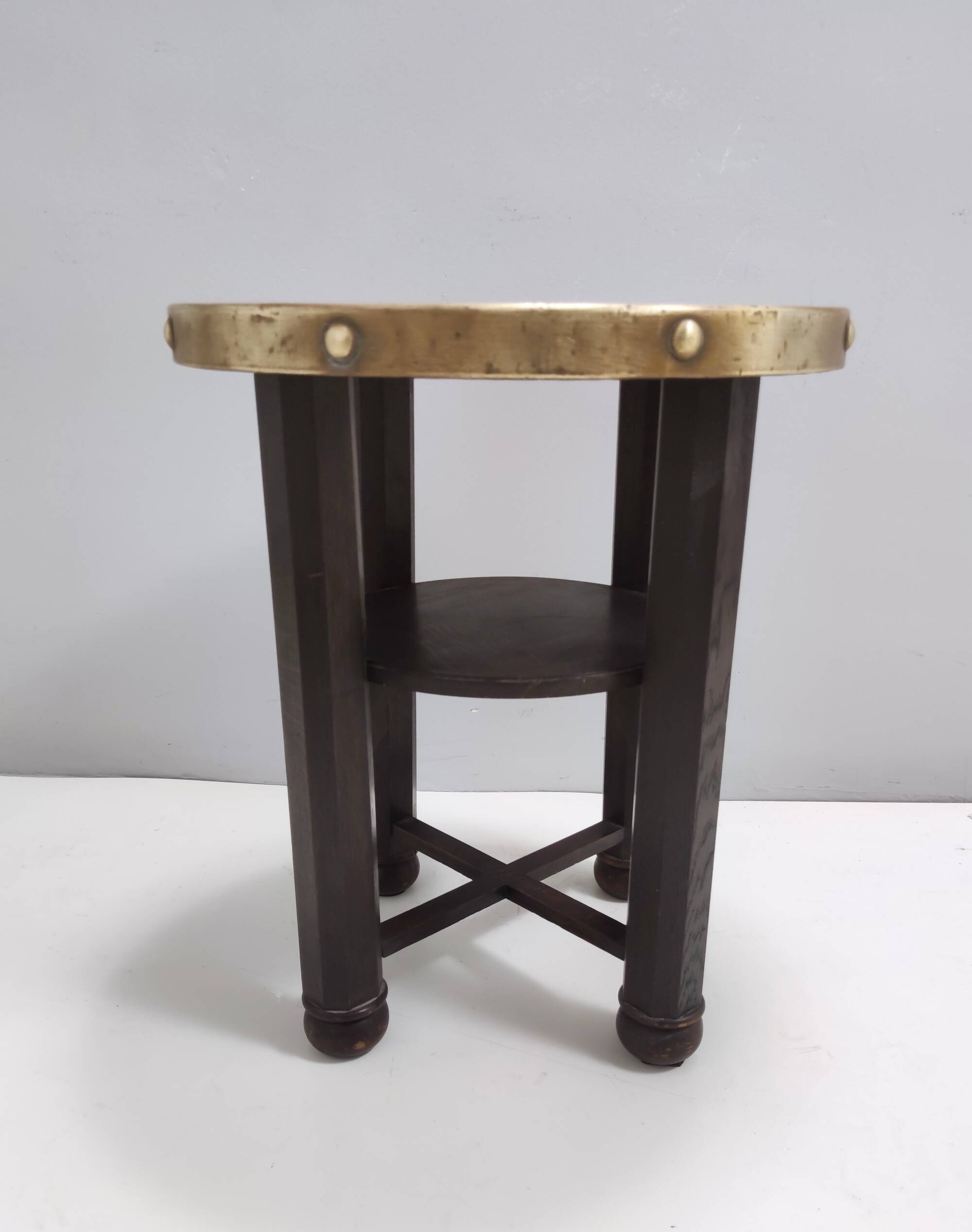 Secessionist Durmast Coffee Table with a Shelf and a Round Brass Top, Austr