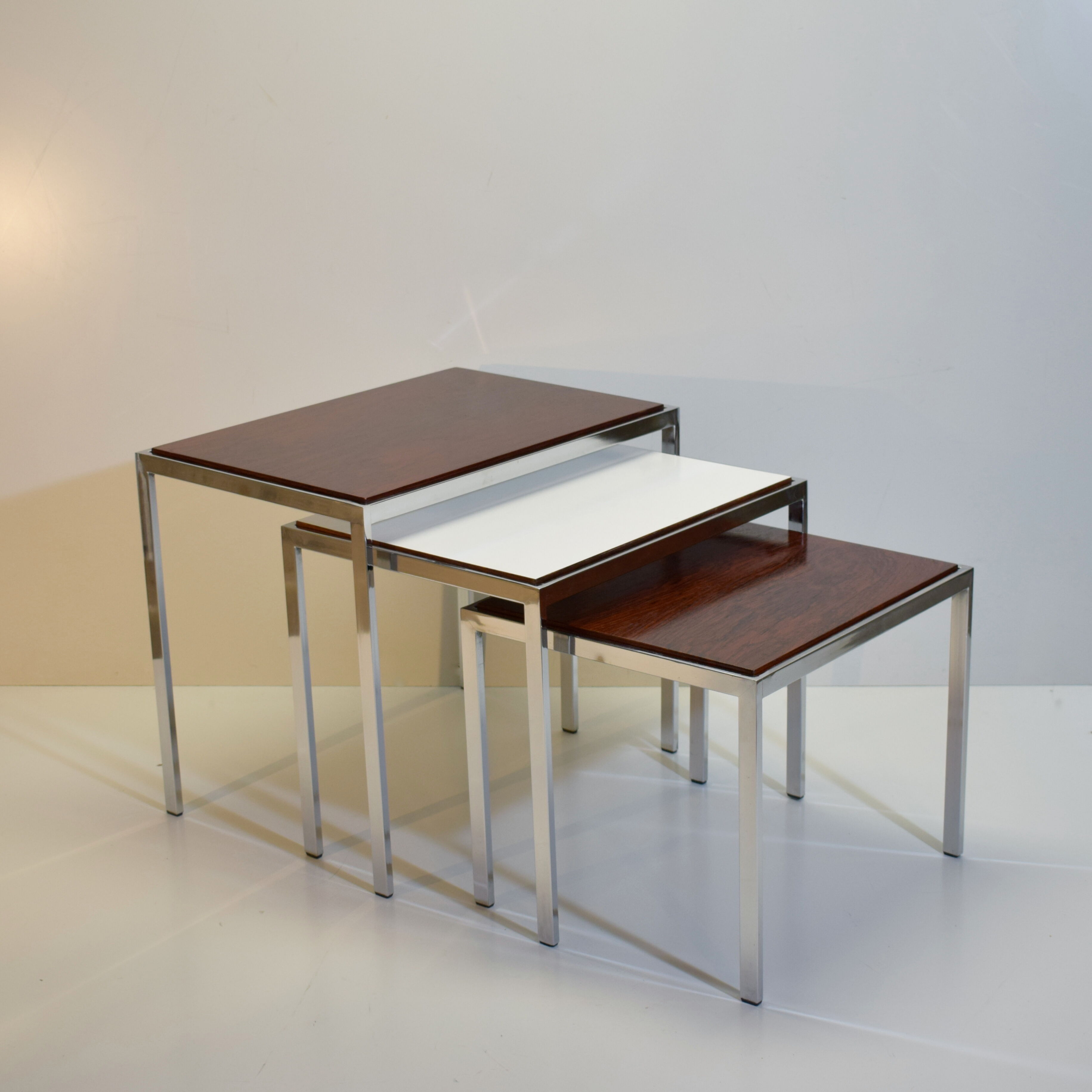 Vintage rosewood and chrome tables with reversible trays