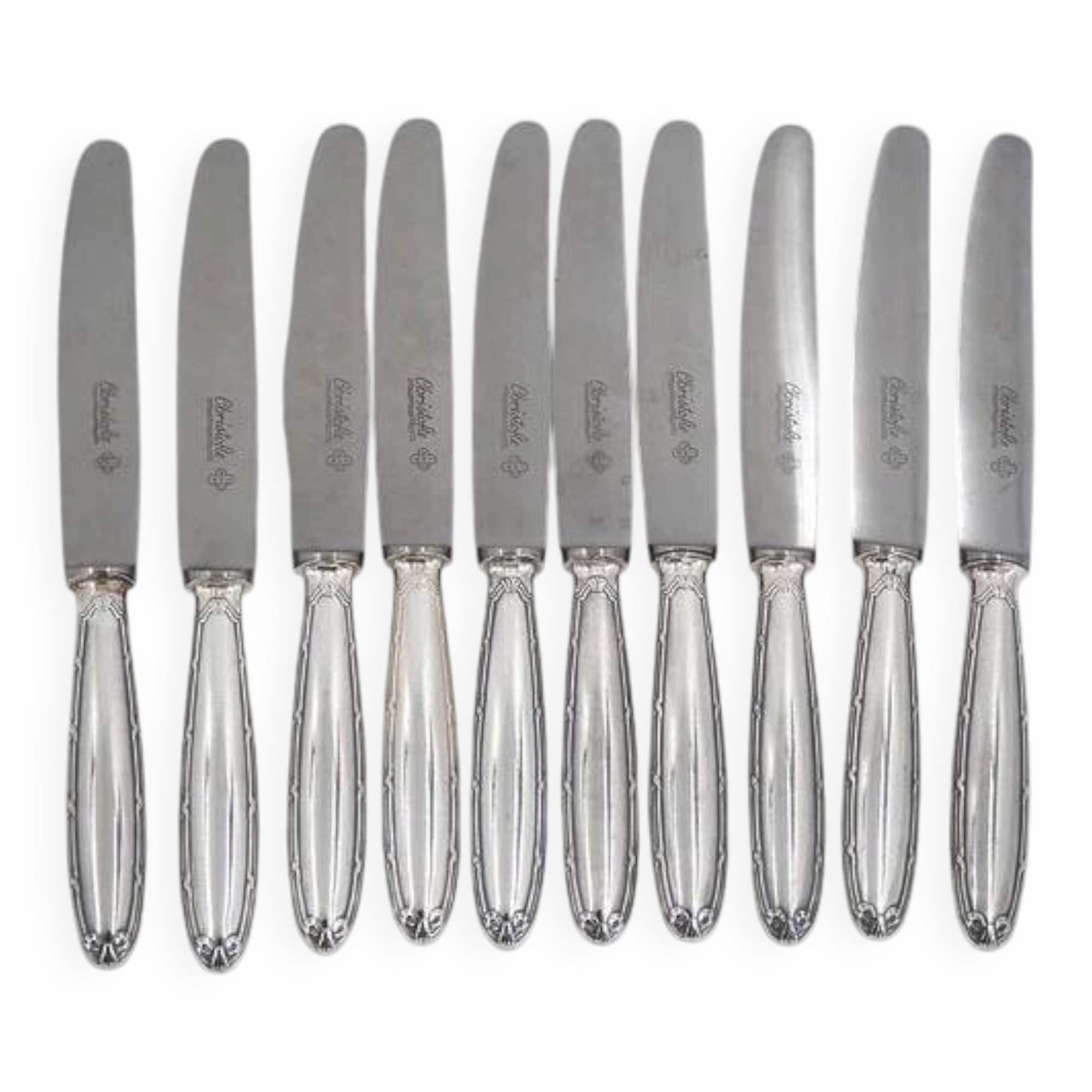 Christofle Rubans, 10 dessert knives, dessert, cheese, silver-plated metal.