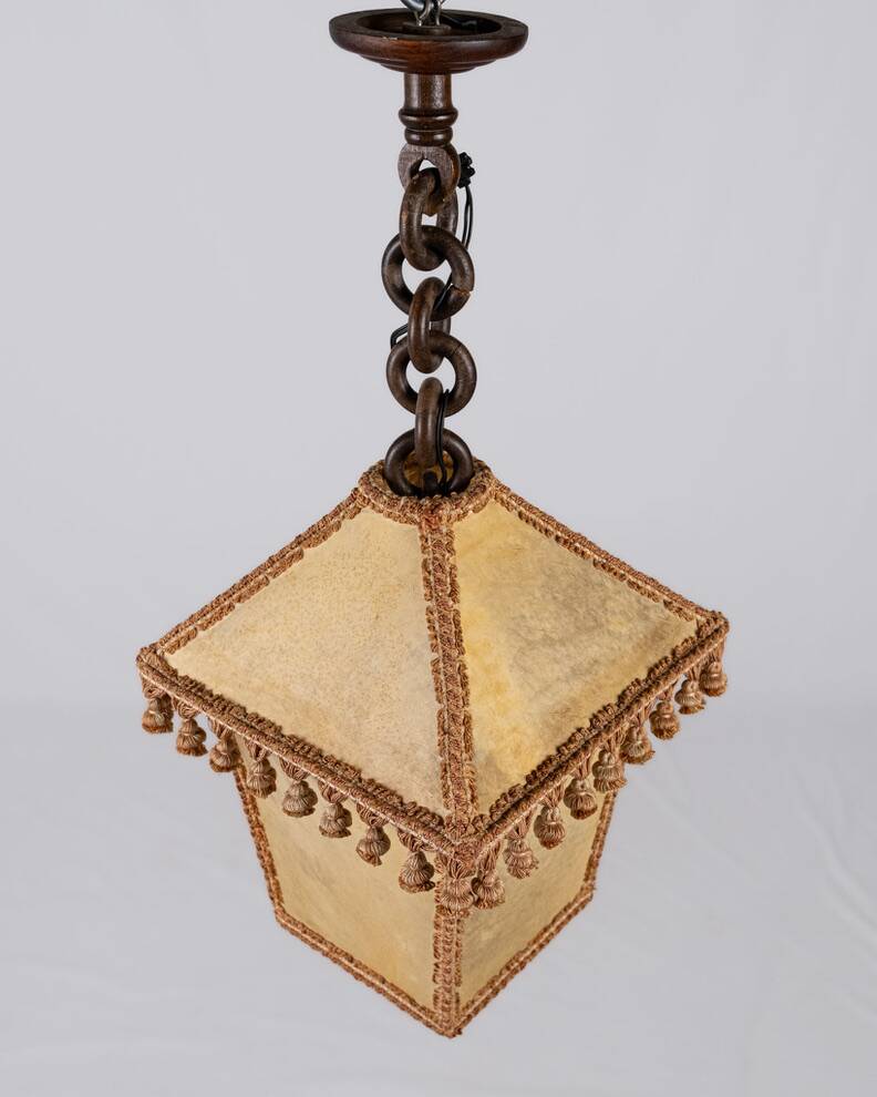 Suspension lanterne en parchemin et passementeries, France, 1960s