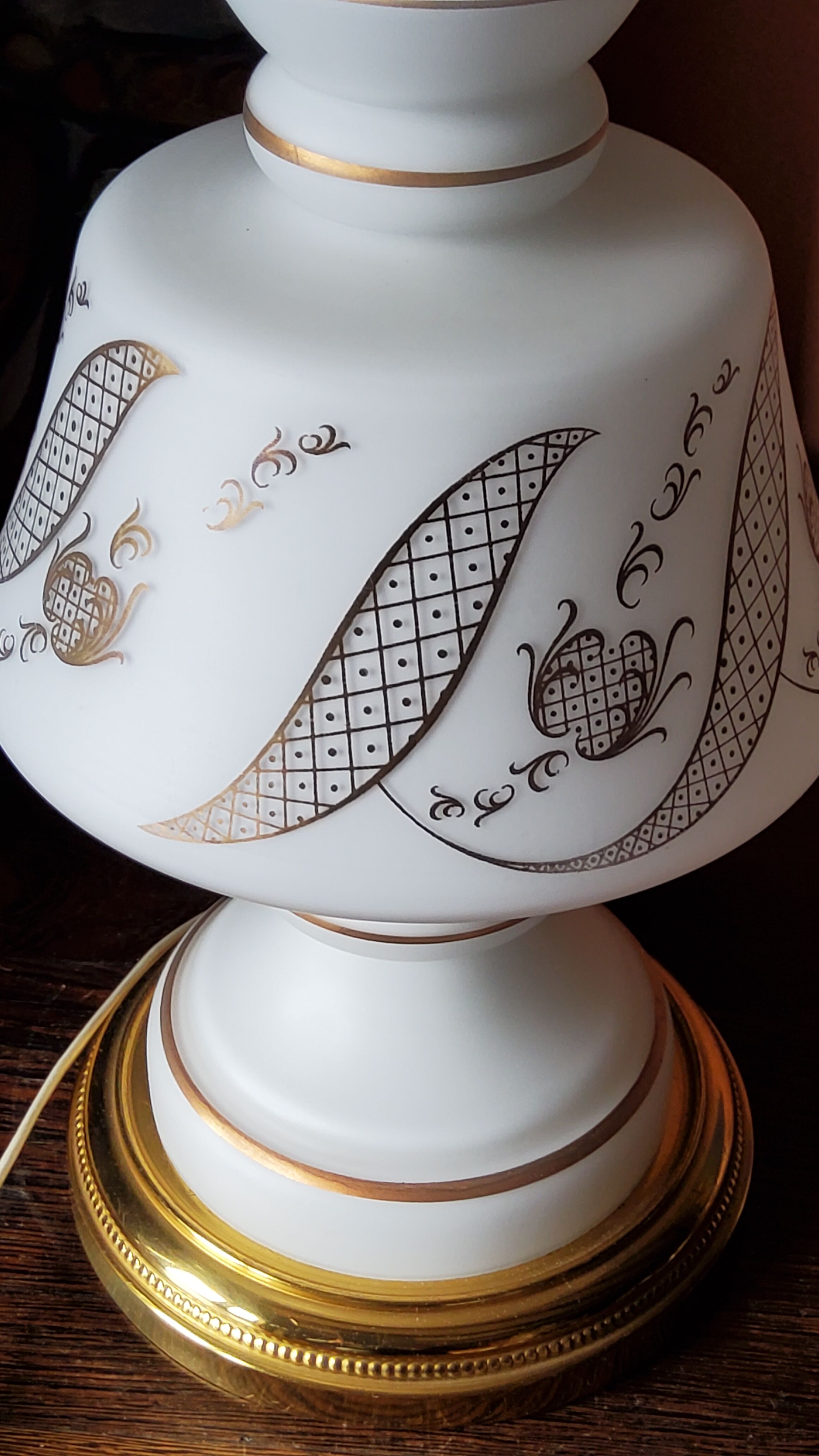 Vintage lamp of the 50s in white and golden opaline glass lampshade in red satin 75cm