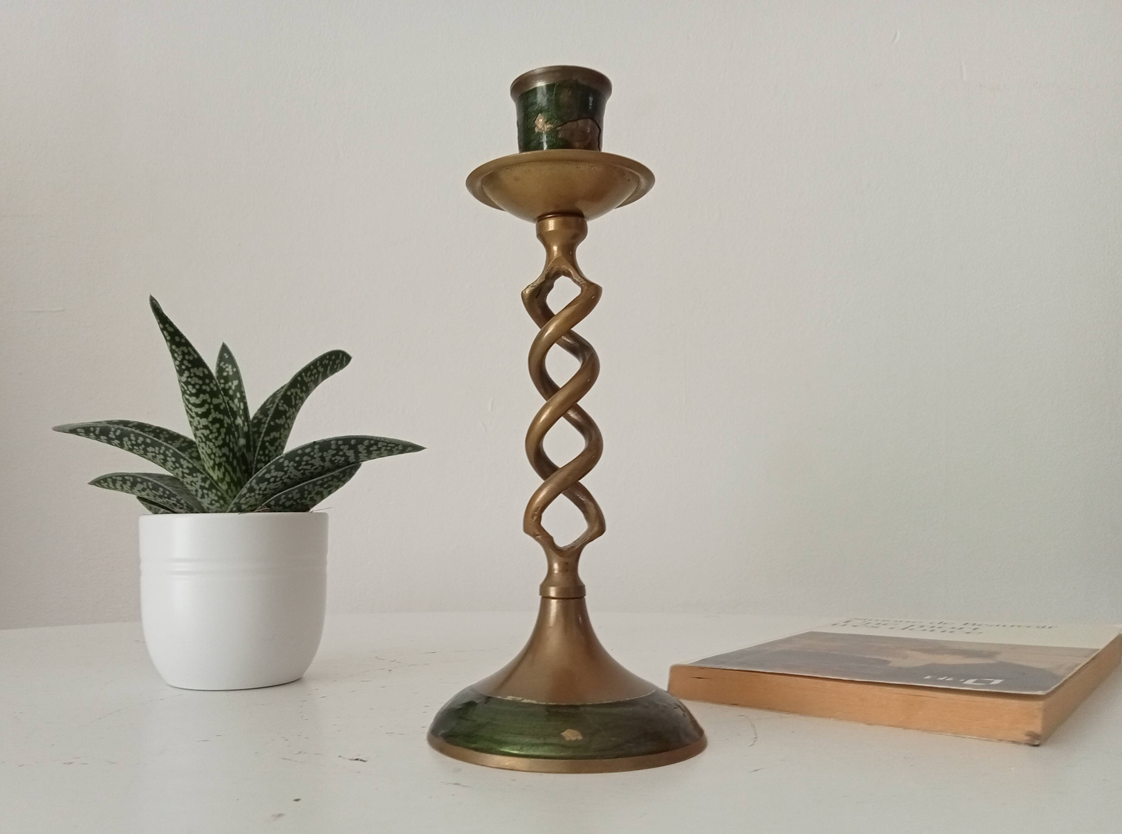 Twisted vintage candlestick in enamelled solid brass
