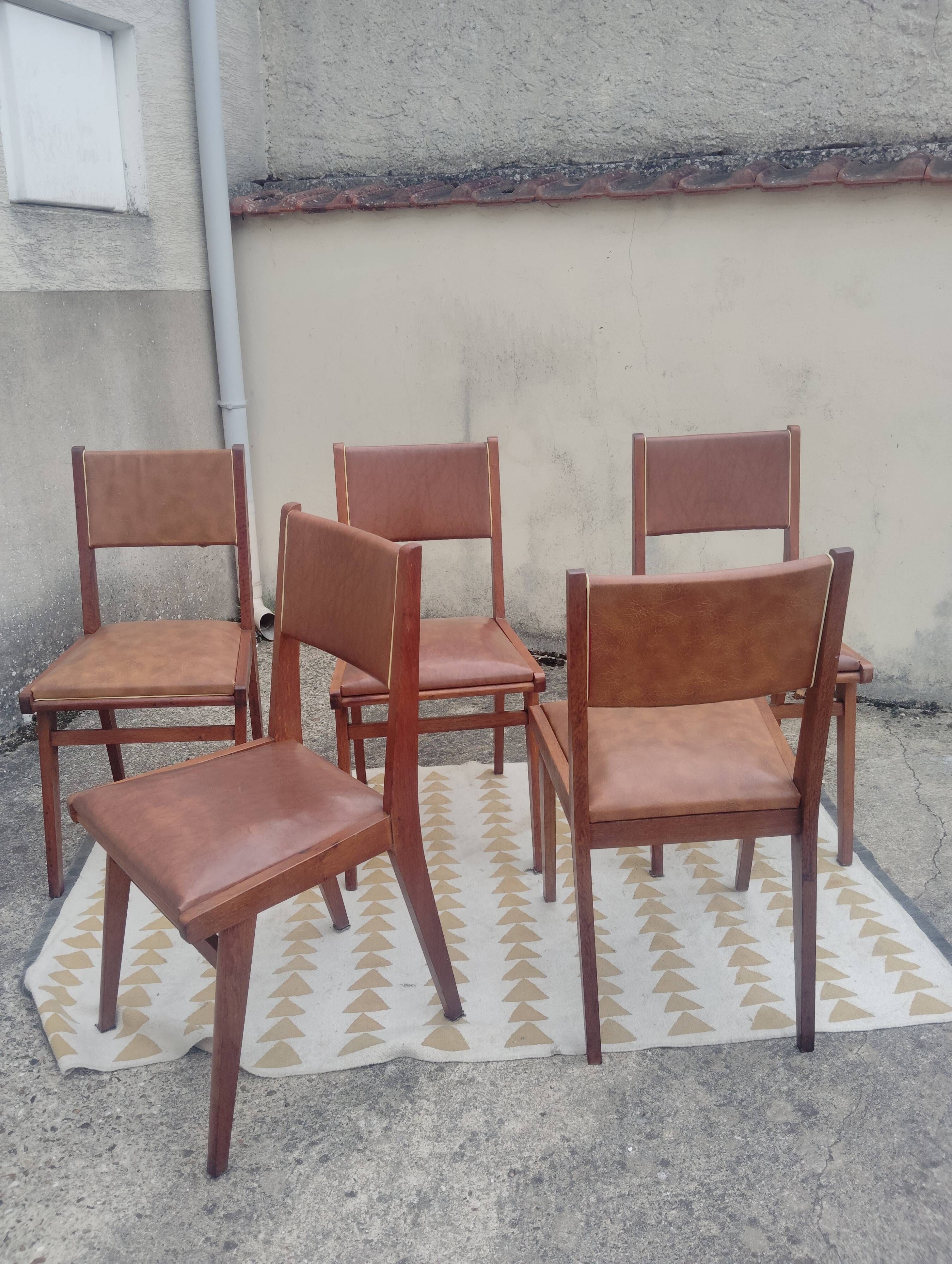 Set 7 chaises et 2 fauteuils bridge vintage chêne+simili