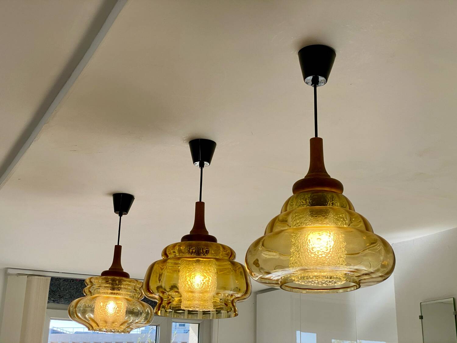 Trio of 3 glass chandelier suspensions GDR 1970 Veb Narva