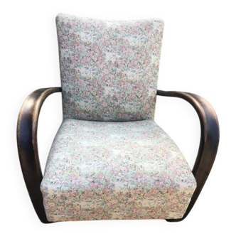 Armchair H 269 in brown wood and pastel floral fabric by Jindrich Halabala (1930)