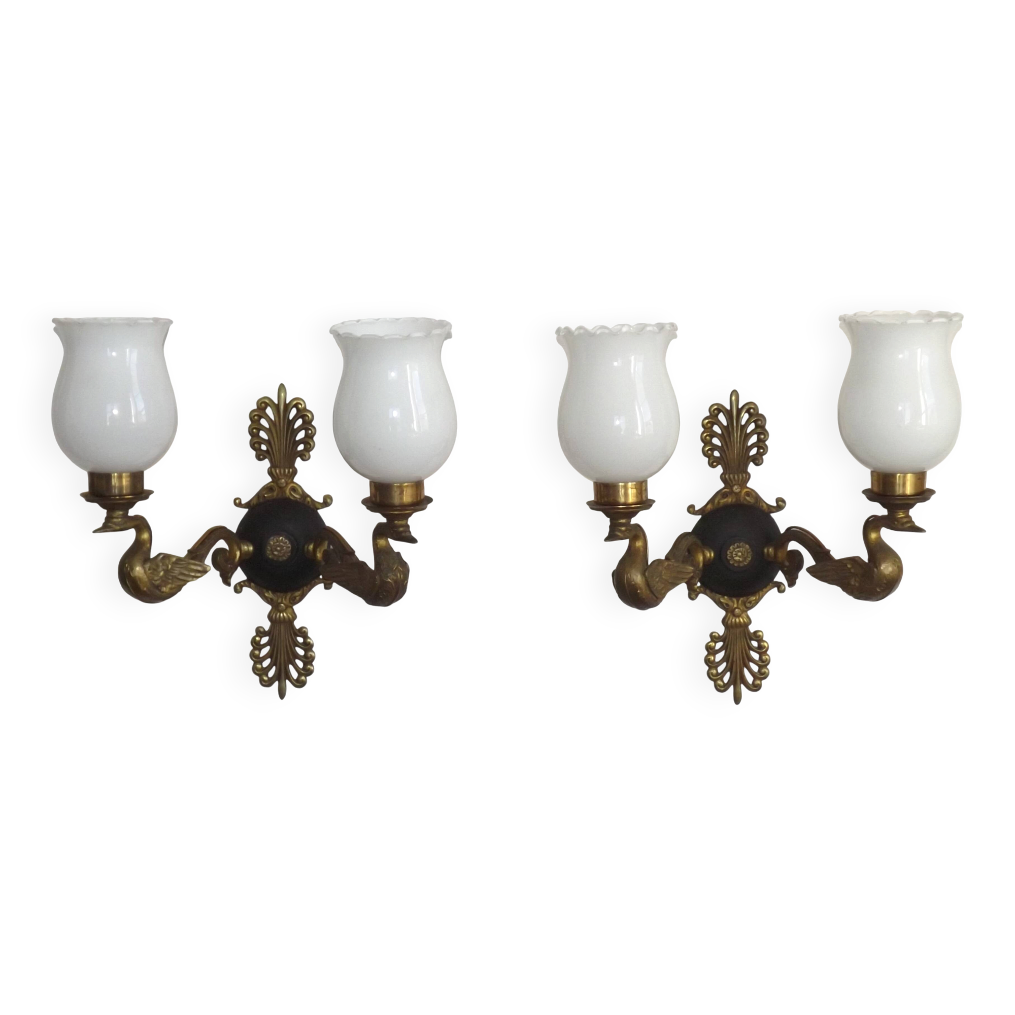 Pair Of Lucien Gau Style Double Swan Wall Lights With Opaque Glass Shades