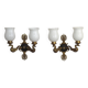 Pair Of Lucien Gau Style Double Swan Wall Lights With Opaque Glass Shades