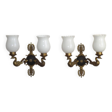 Pair Of Lucien Gau Style Double Swan Wall Lights With Opaque Glass Shades