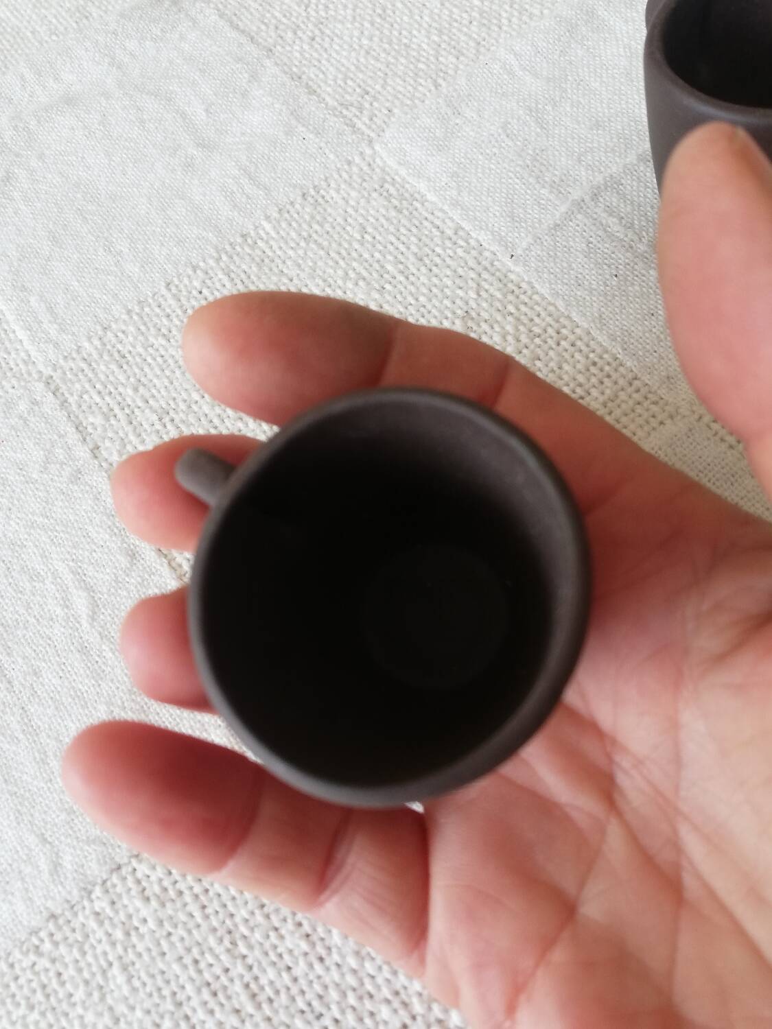 Set of three matte brown ceramic cups for dolls' play kitchen