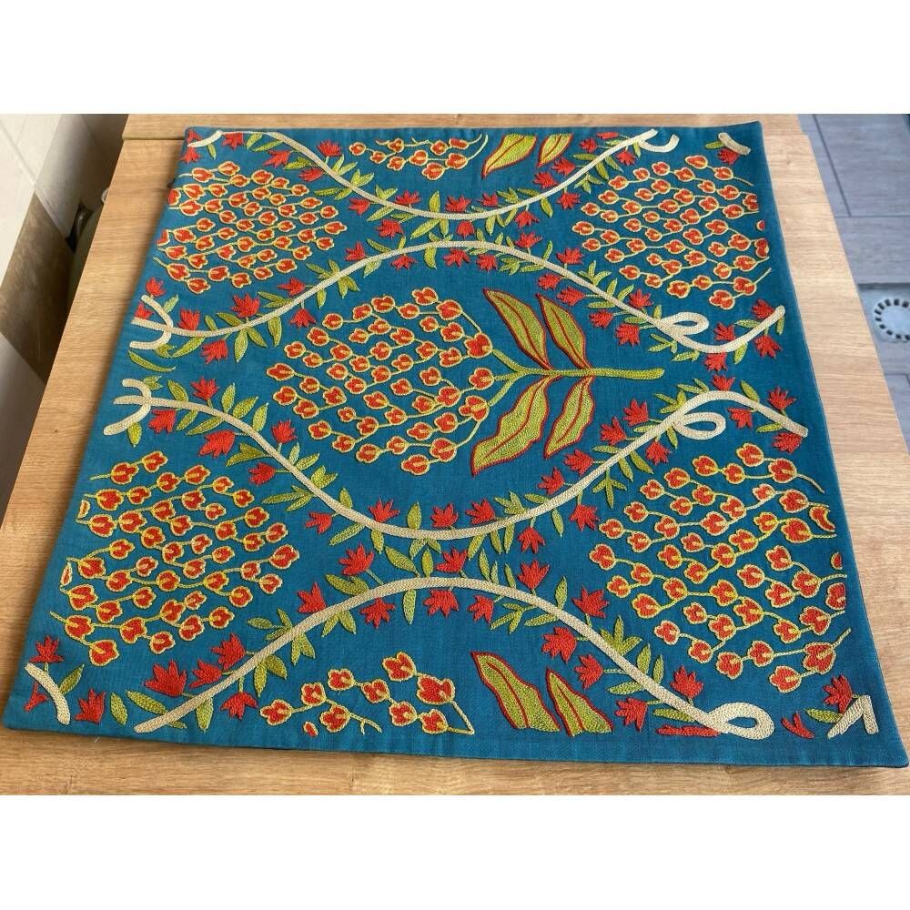 Silk Embroidered Floral Cushion Cover. Blue Throw Pillow Case. Traditional Uzbek Accent Pillow.