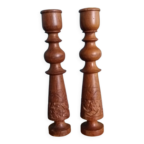 Bougeoirs bohèmes en bois tourné sculpté