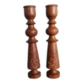 Bougeoirs bohèmes en bois tourné sculpté