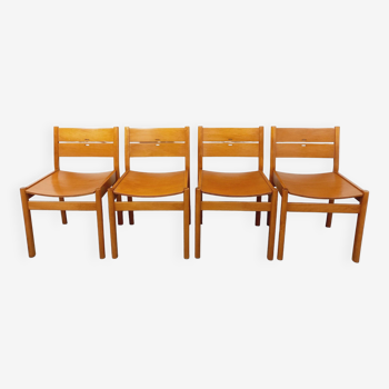Suite de 4 chaises minimalistes italiennes vintage en bois de hêtre des années 70