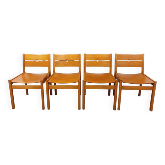 Suite de 4 chaises minimalistes italiennes vintage en bois de hêtre des années 70