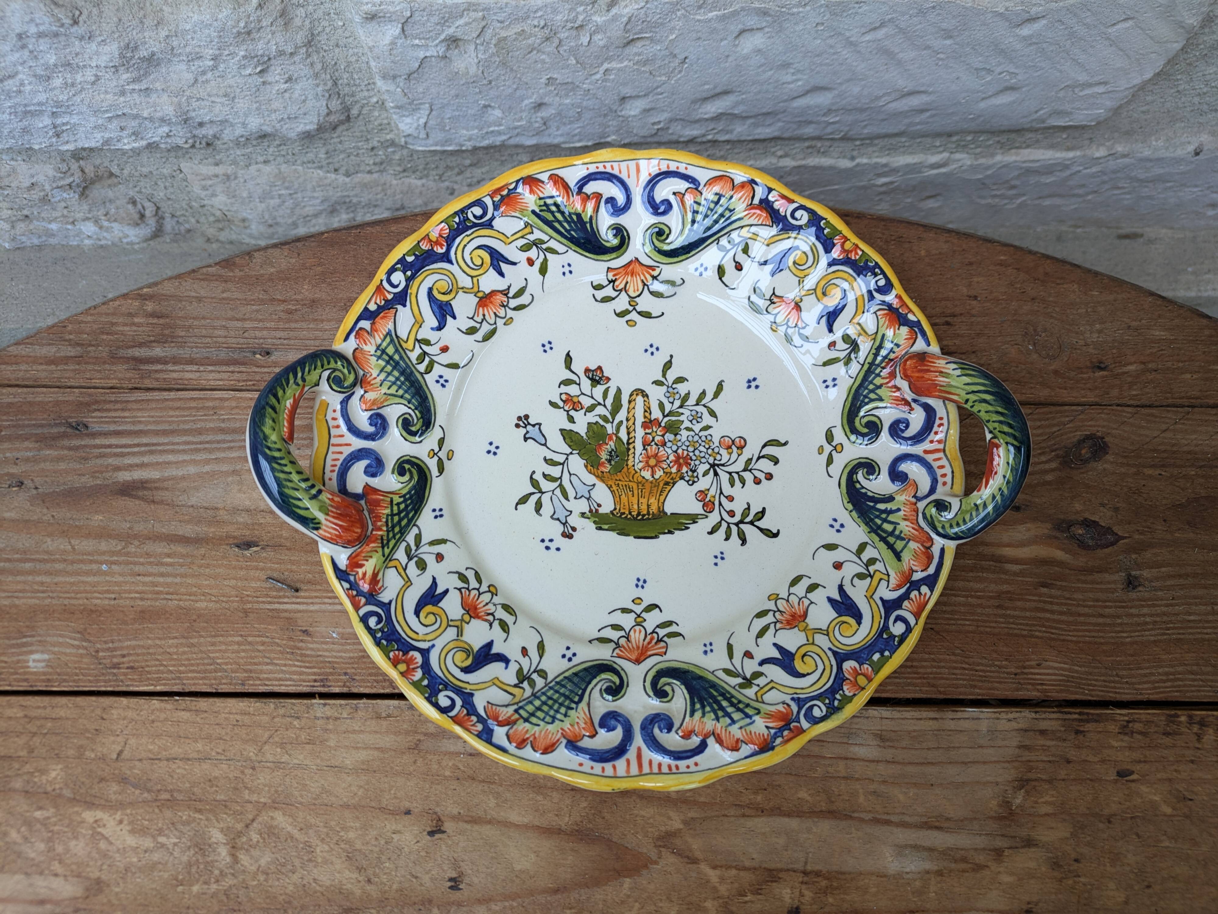Old decorative plate with handles Old Rouen handmade