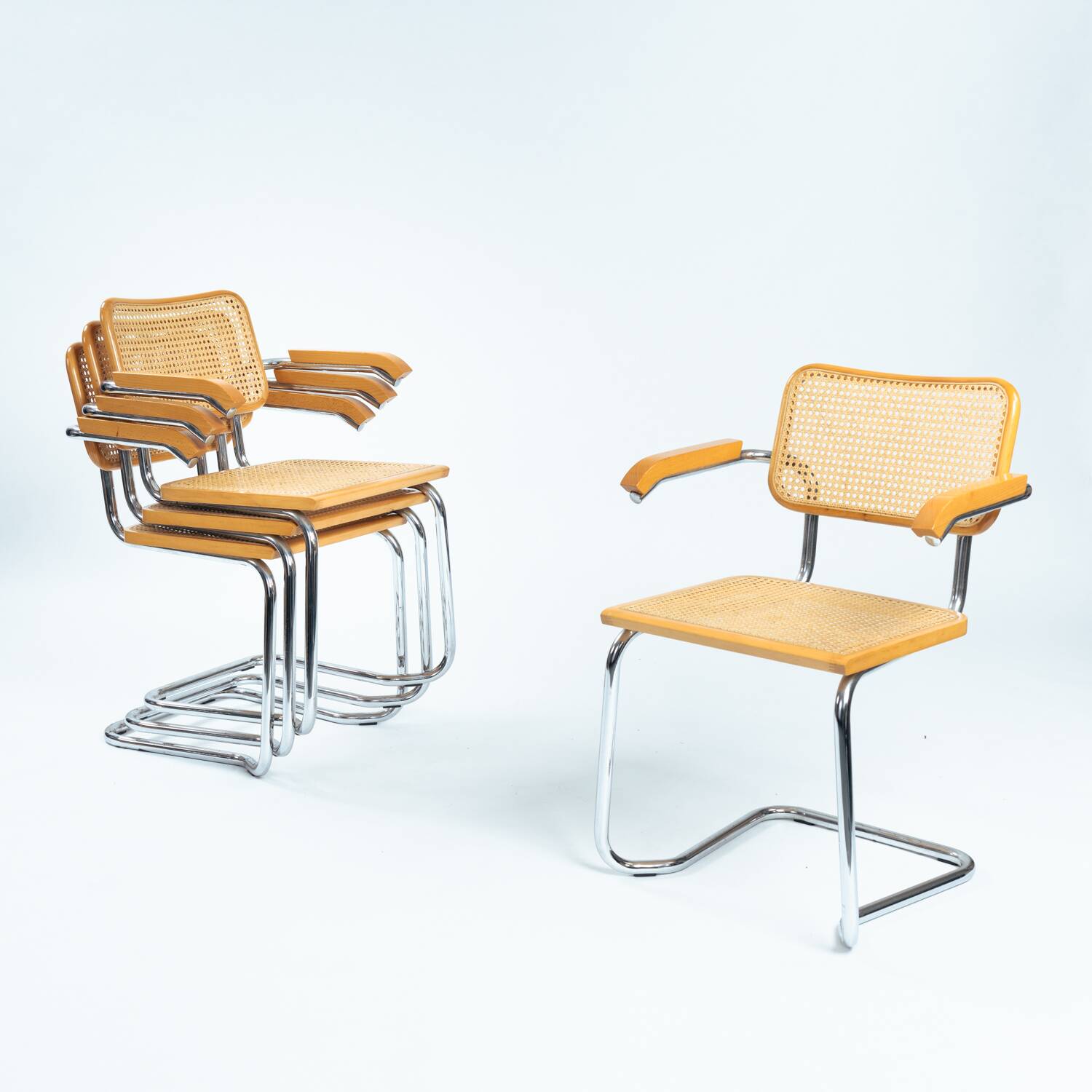 4 Bauhaus wicker chairs, in the style of Marcel Breuer, stackable