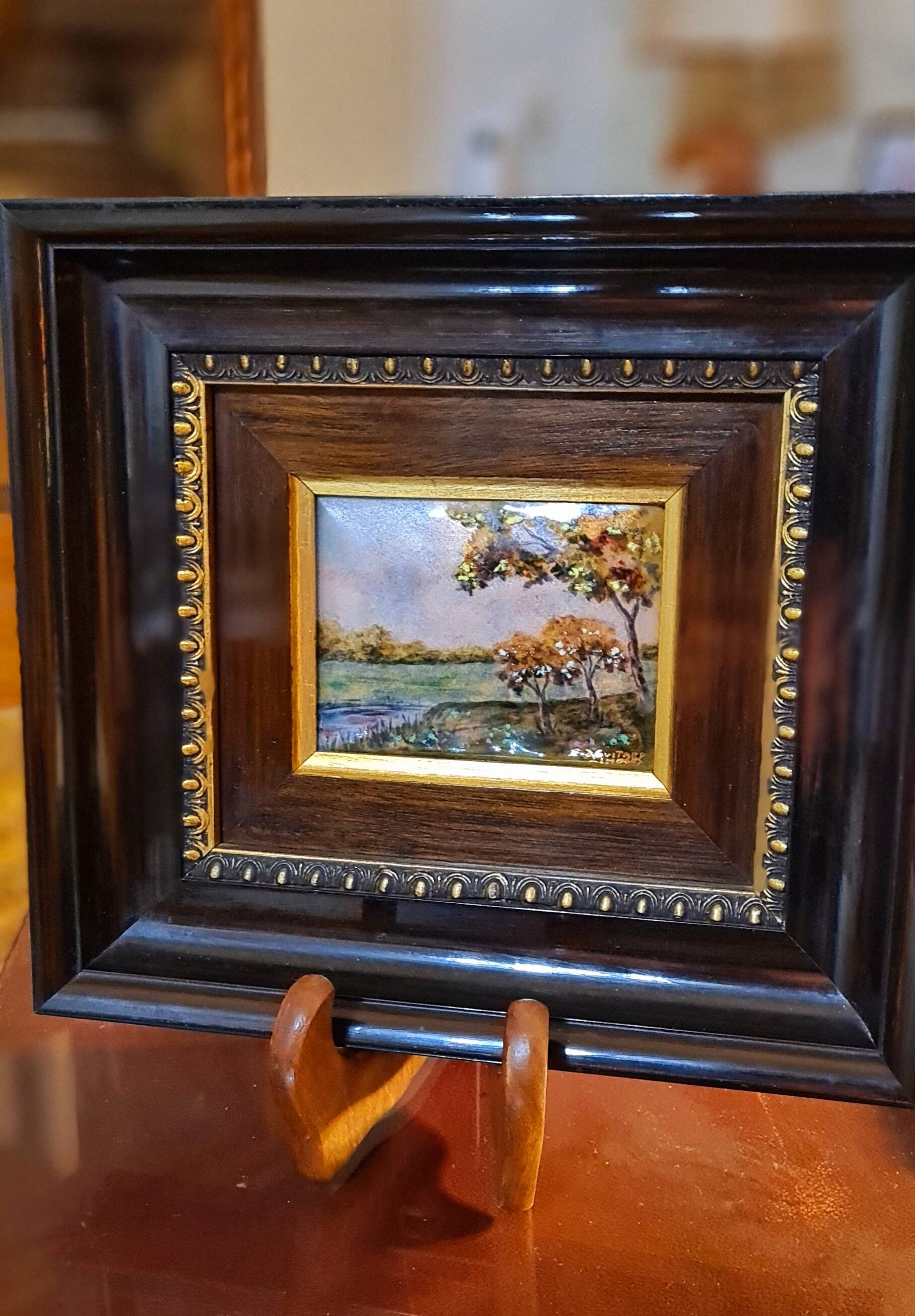 Original enamel painting, framed, signed EJ Guitard