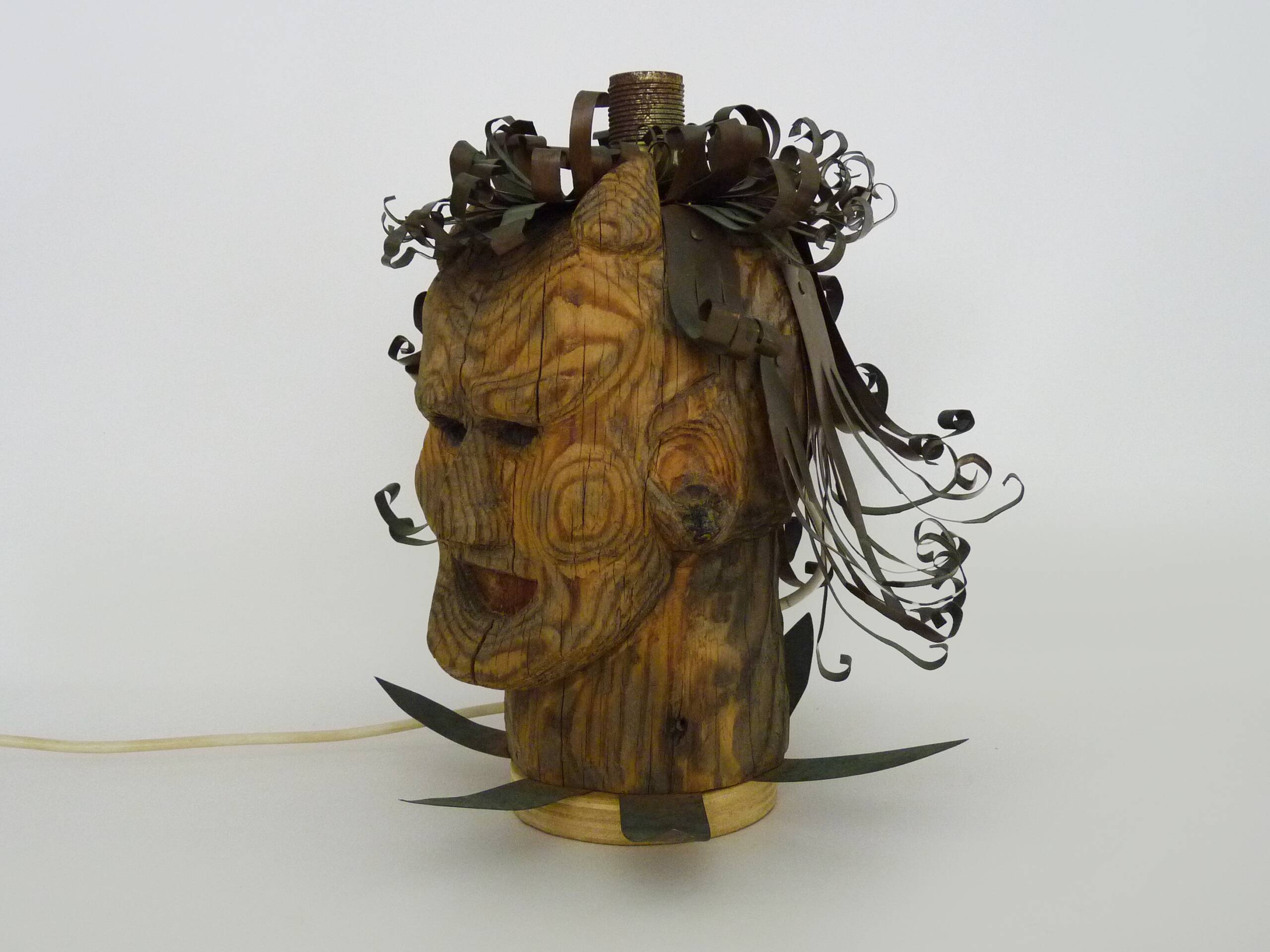 Unique piece. Wooden lamp and metal hair with devil's head "self-portrait"