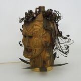 Unique piece. Wooden lamp and metal hair with devil's head "self-portrait"