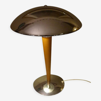 Lampe design champignon en chrome et bois de hêtre, Pays-Bas, 1980