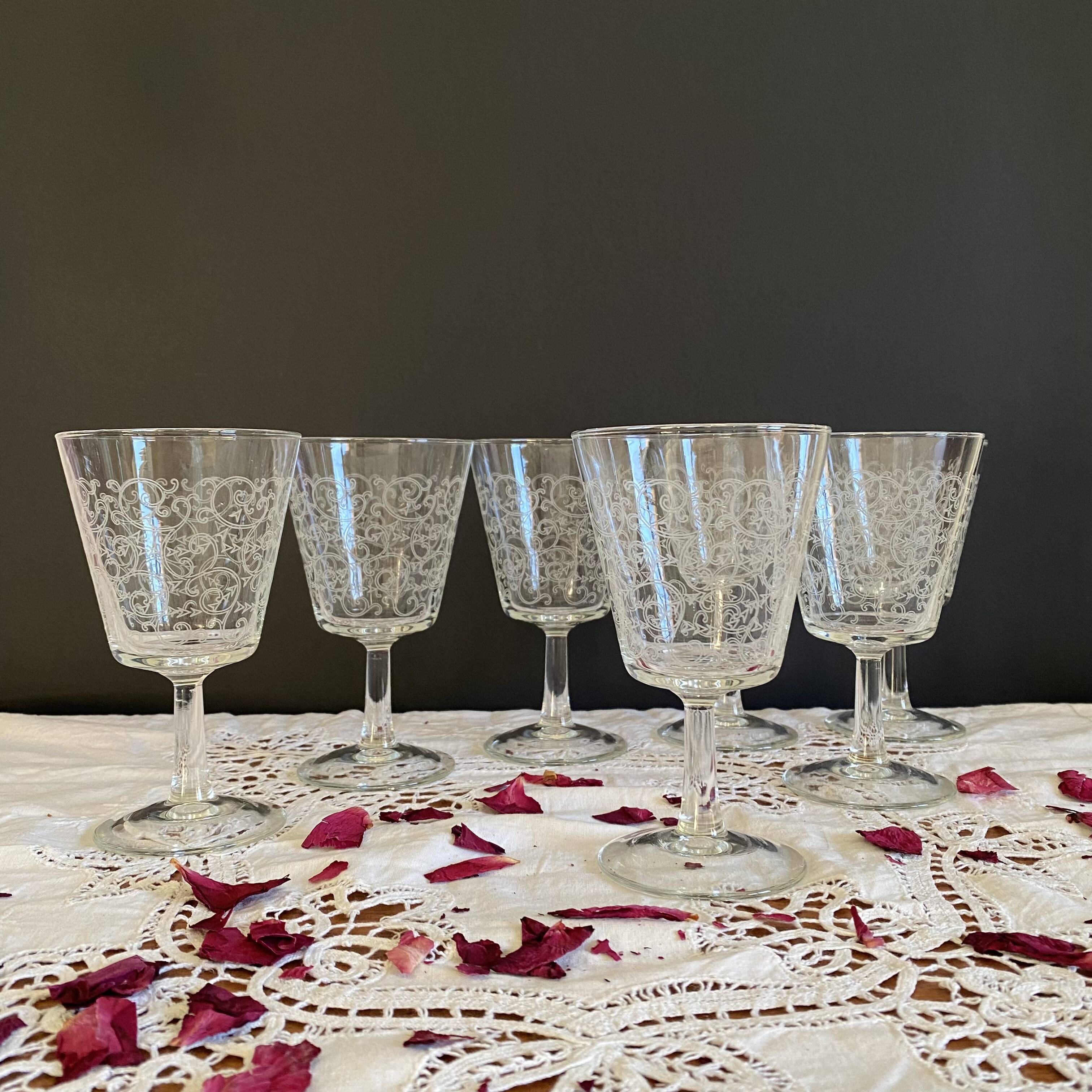 6 large antique wine or water glasses engraved with arabesques