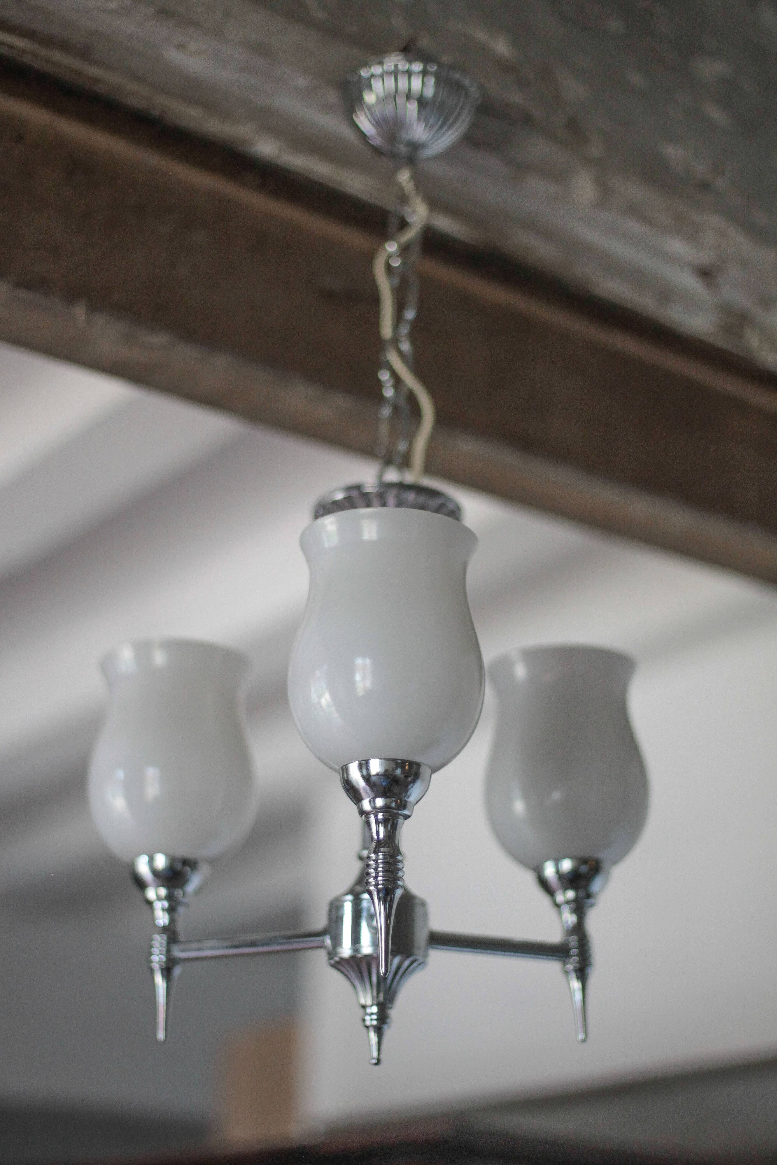 Vintage opaline pendant light, 3-light white opaline globe chandelier