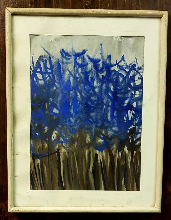 Abstract painting rulo 1965 mixed technique on paper frame