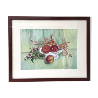 Watercolor painting apples elderflowers