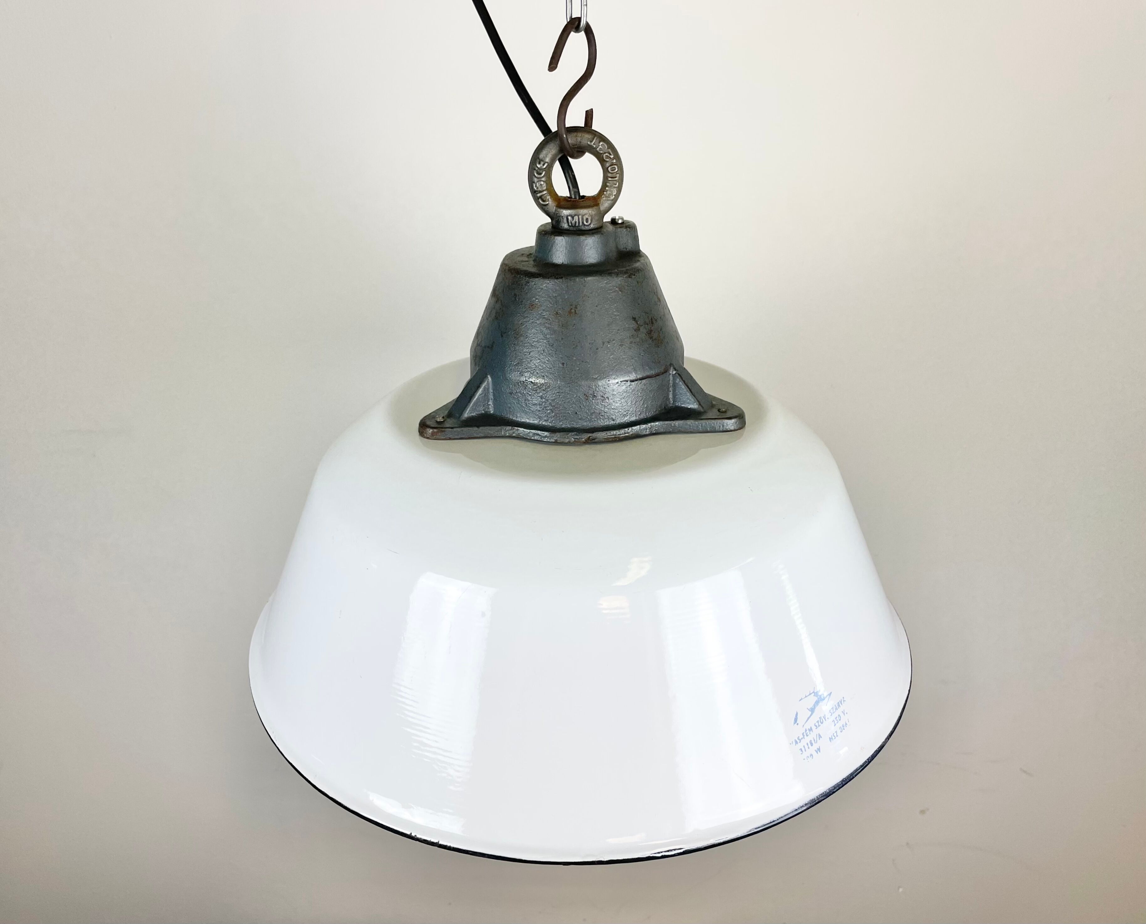 White Enamel and Cast Iron Industrial Pendant Light with Glass Cover, 1960s