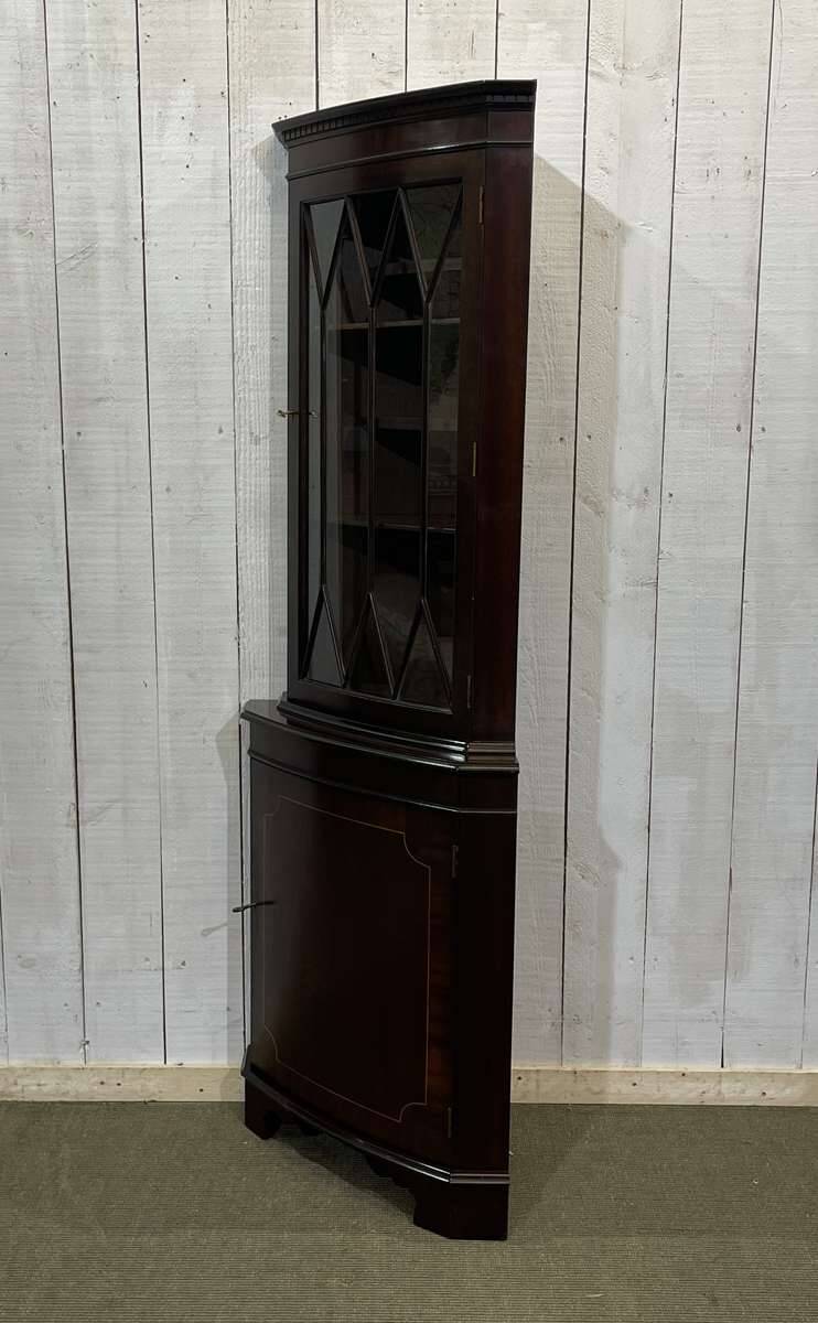 1950s English mahogany corner cabinet
