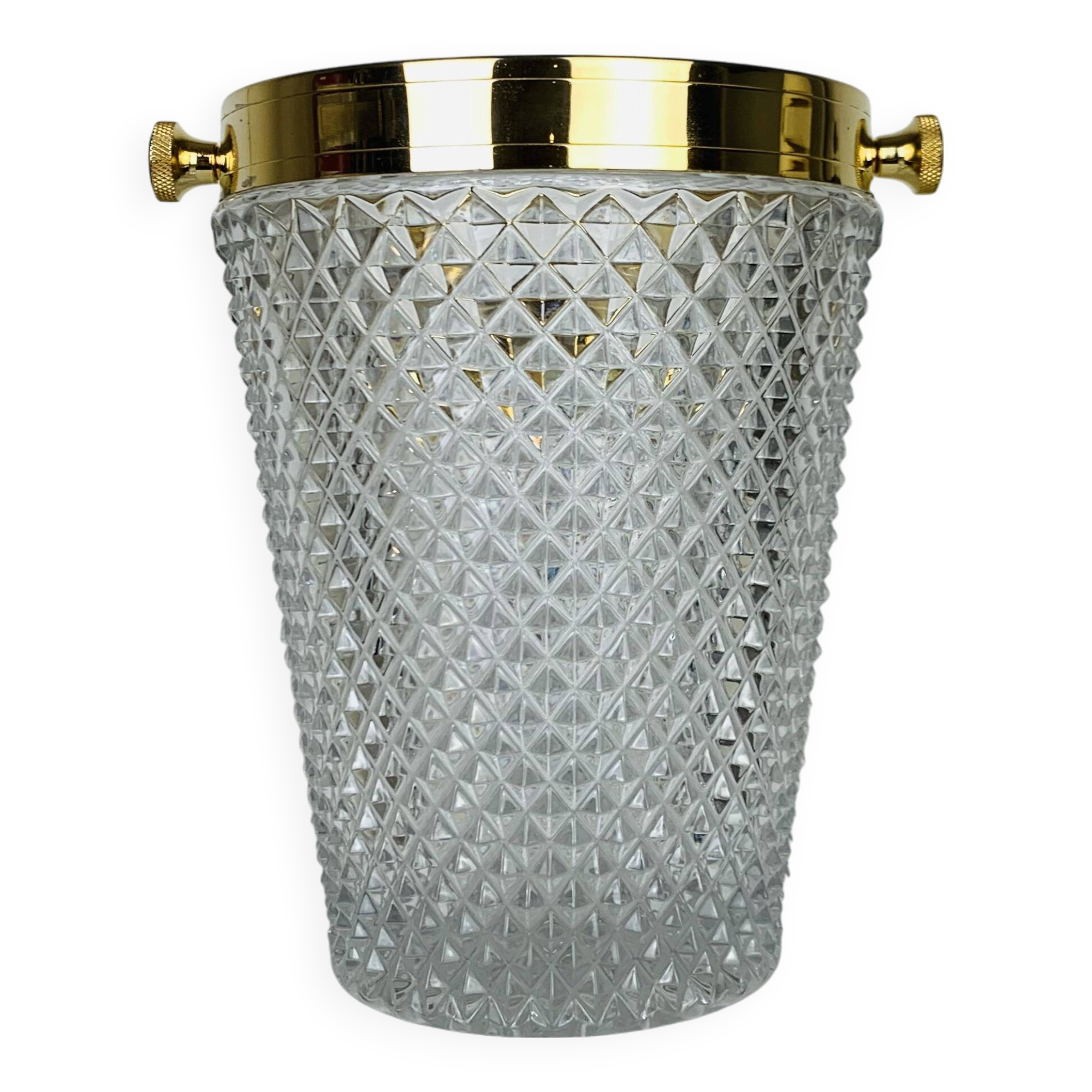 Hollywood regency cut crystal and gold metal champagne bucket