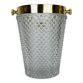 Seau à champagne cristal taillé et métal doré, Hollywood Regency