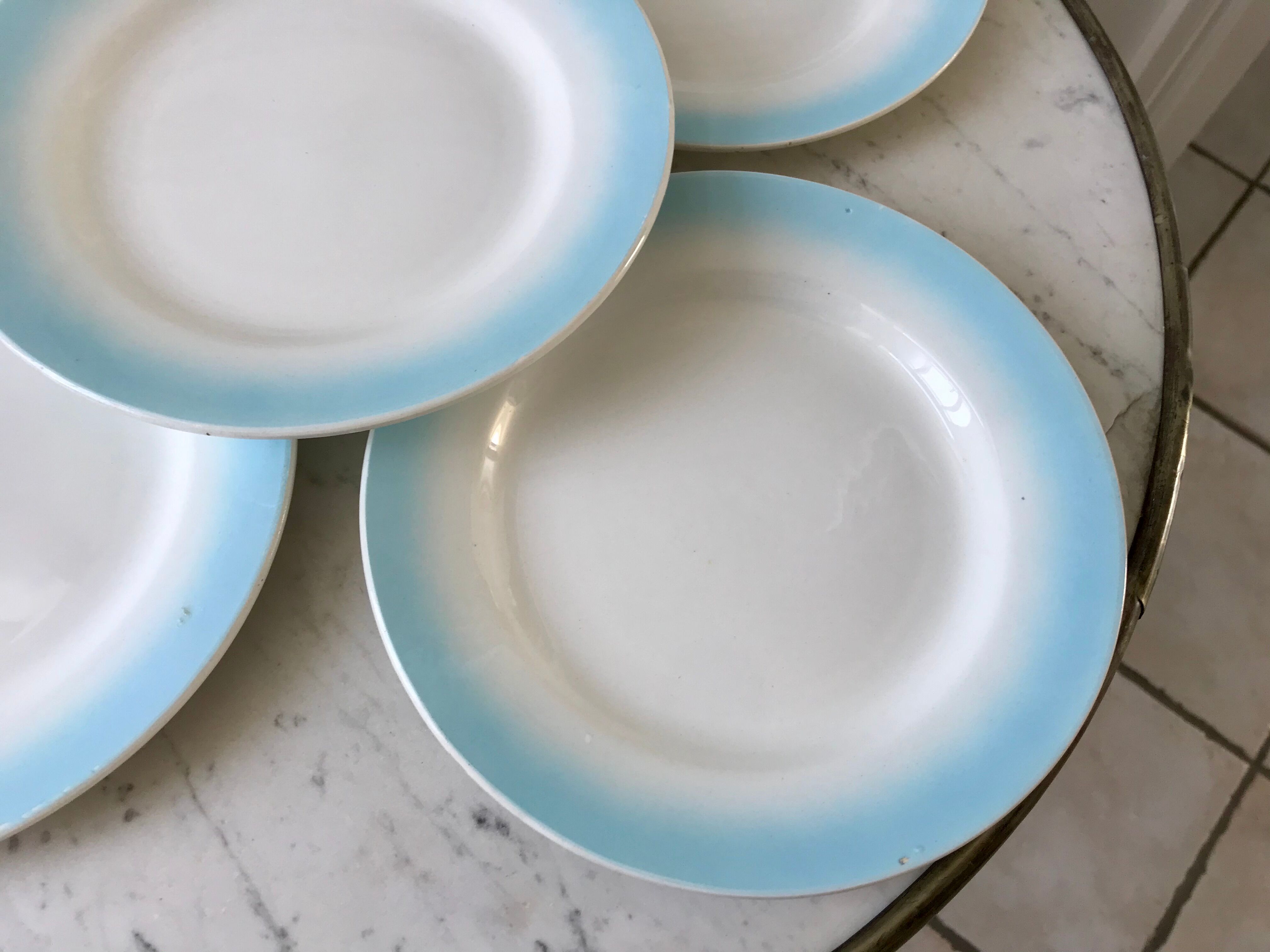 set of 5 pastel gradient sky blue dessert plates from the 40s and 50s