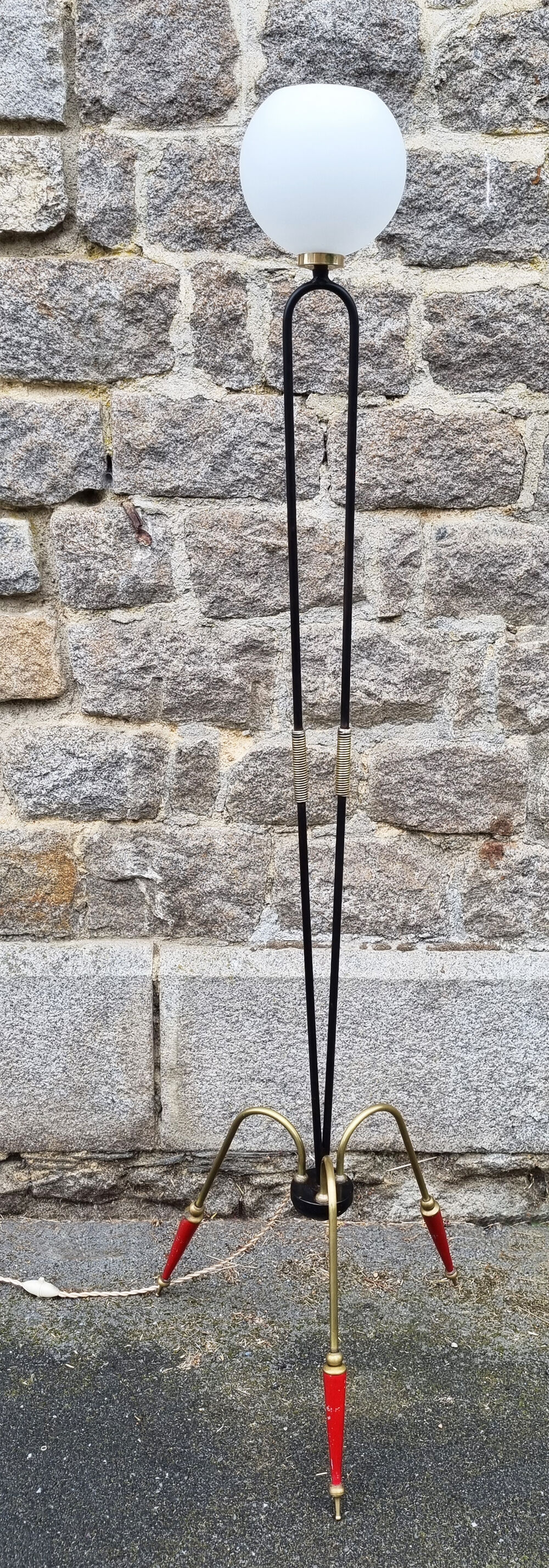 Tripod floor lamp design, steel, brass and opaline, vintage, 50s