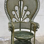Vintage 1970s green patinated peacock rattan armchair