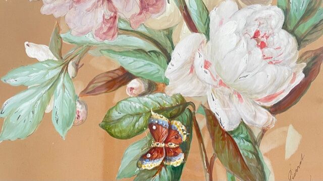 Vintage painting bouquet of peonies with butterflies 1890