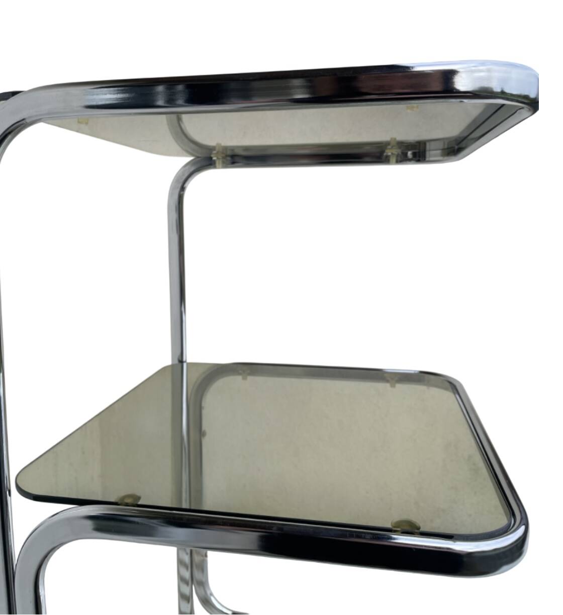 Vintage 1970s side table in smoked glass and chrome.