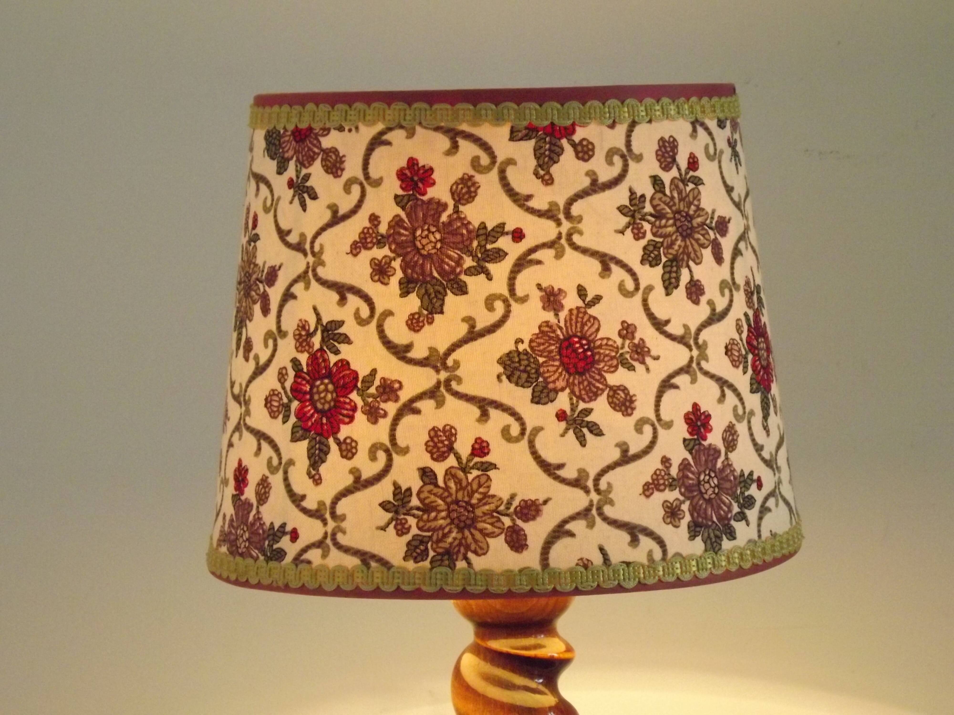 French Vintage Round Wooden Barley Twist Table Lamp With Floral Shade