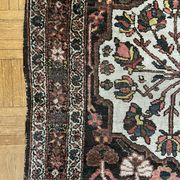 Antique handmade Hamadan Persian rug, ivory medallion on dark background 148x103.