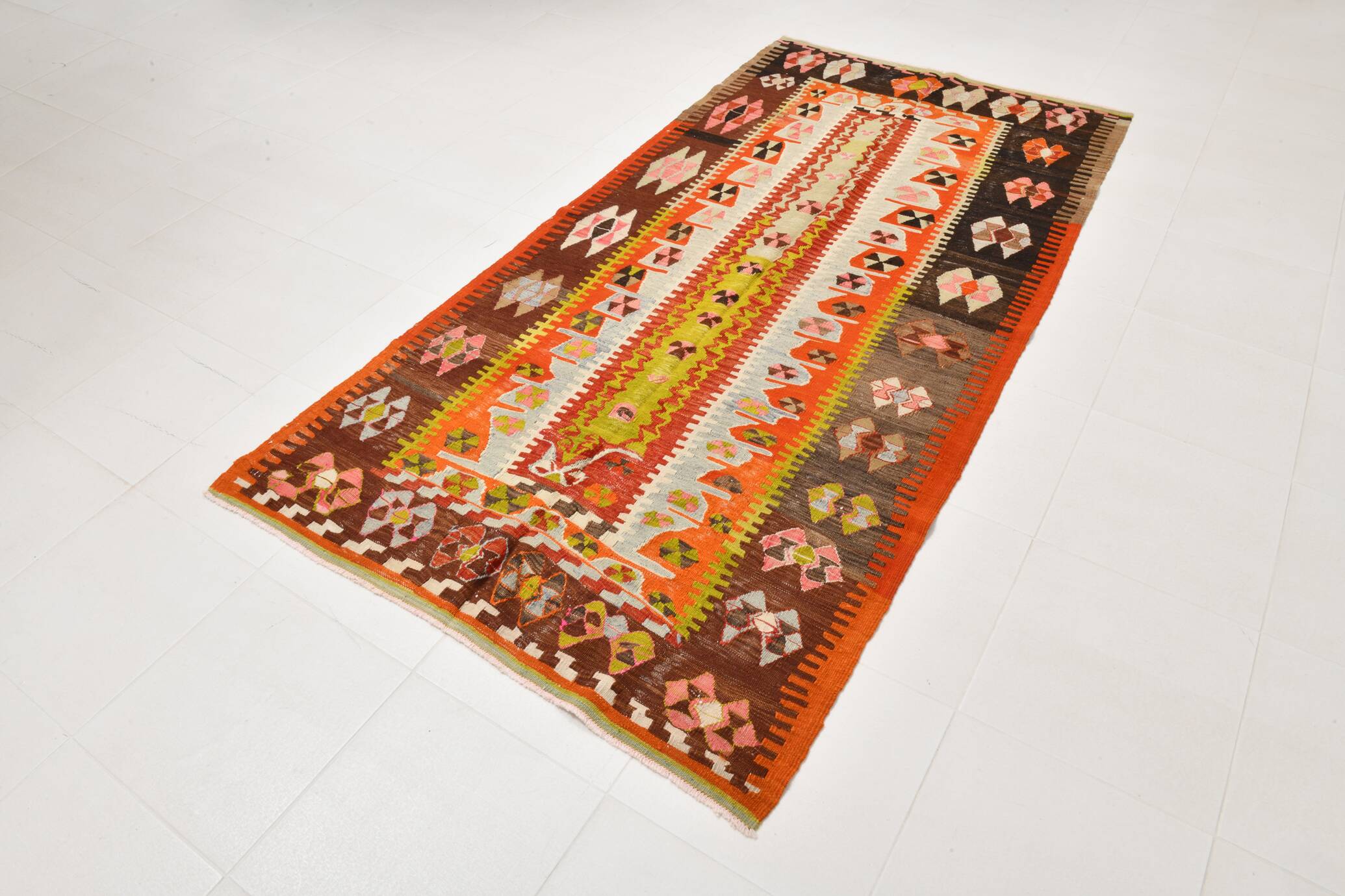 4x8 Multicolor Geometric Style Kilim Rug, 129x255 Antique Decor