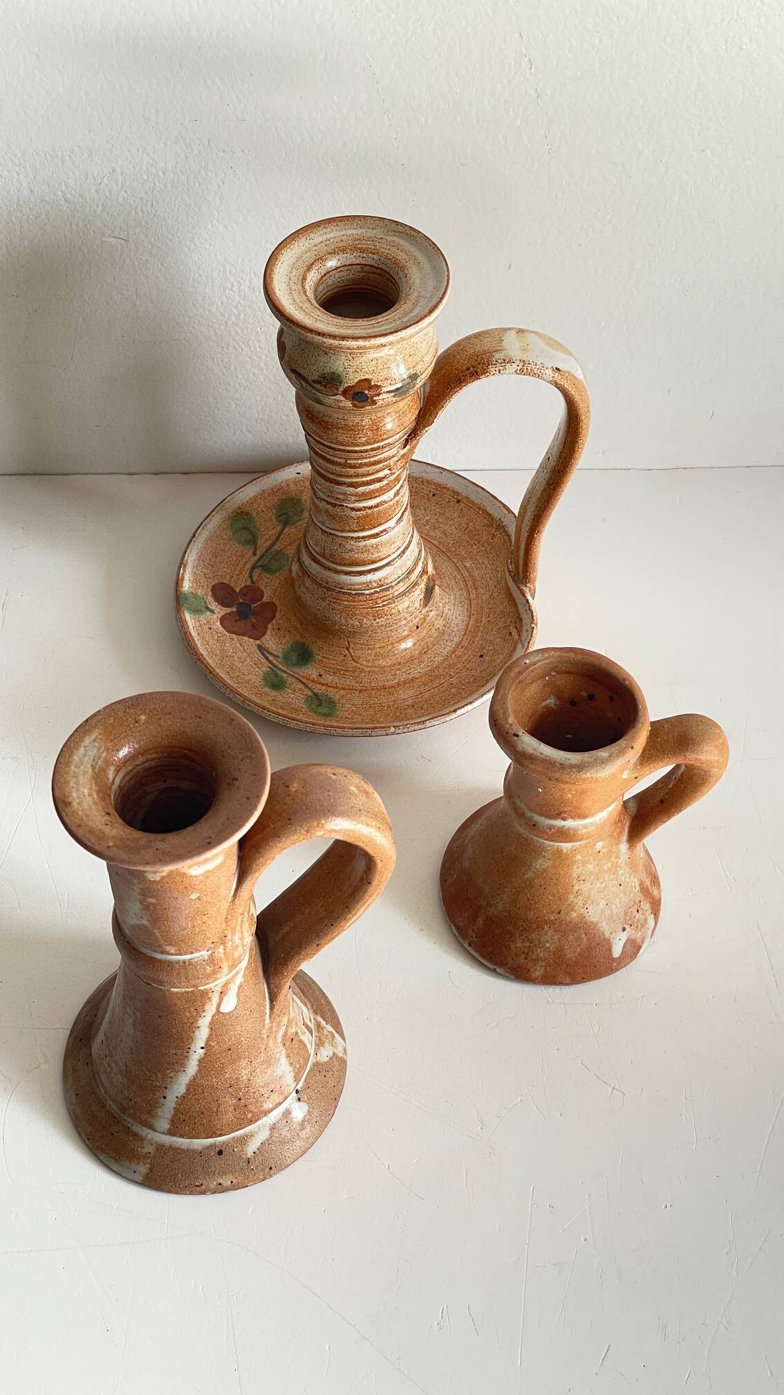 3 vintage handcrafted pottery candle holders