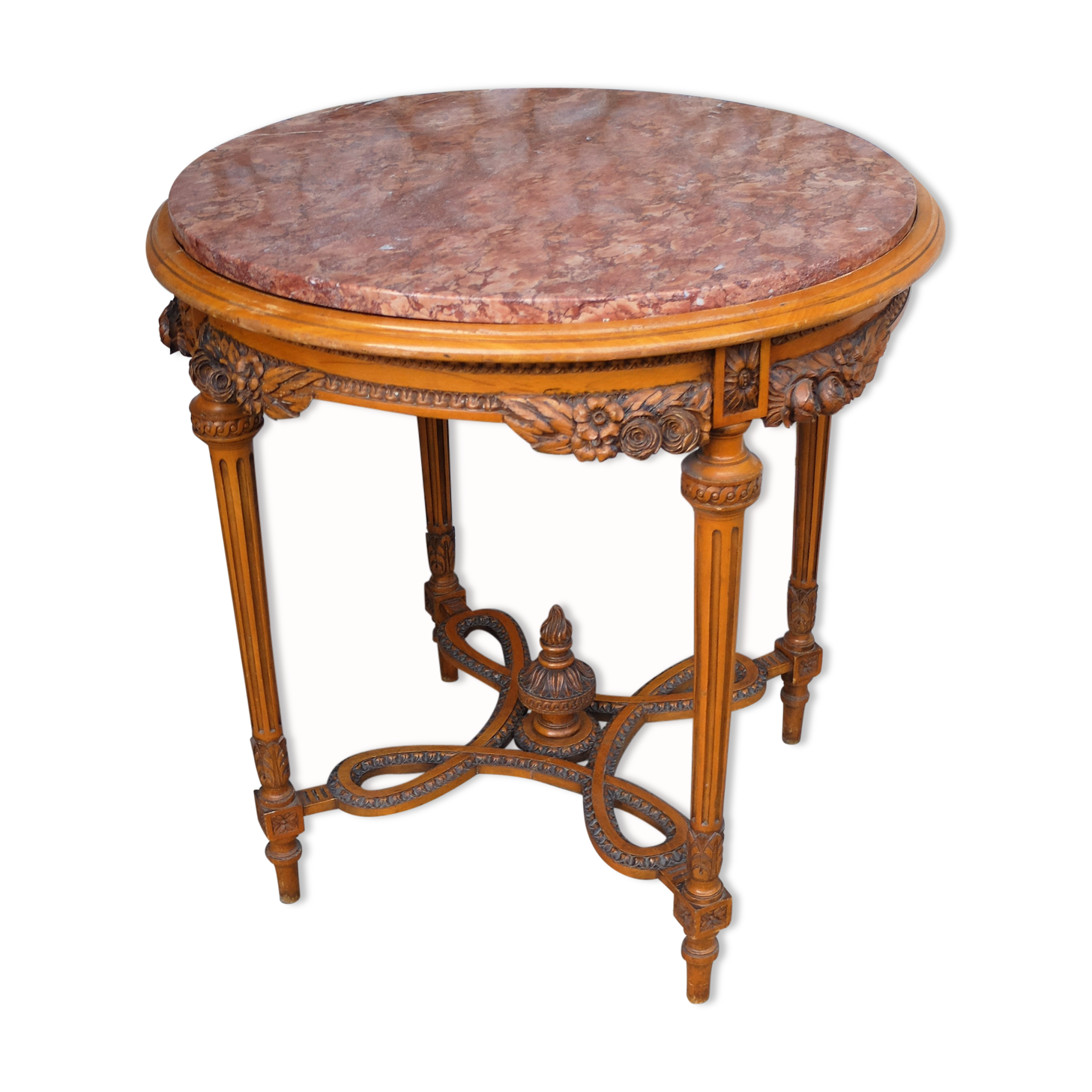 Antique round table plateau pink marble fully carved 1900s