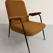Vintage metal armchair with orange boucle fabric, French design from the 1950s.