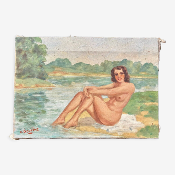 1940s French Antique oil painting on canvas. Bather by the river. Woman river.